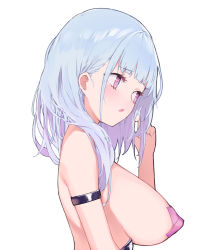 Rule 34 | 1girl, :o, arm strap, azur lane, bandaid, bandaids on nipples, blue hair, blunt bangs, blush, breasts, dido (azur lane), embarrassed, from side, hand up, large breasts, long hair, looking away, open mouth, pasties, playing with own hair, prpr friends, purple eyes, simple background, solo, topless, upper body, white background