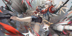 Rule 34 | 1girl, absurdres, ankle boots, antenna hair, arknights, belt, black footwear, black shorts, boots, cityscape, cropped jacket, falling, foot out of frame, from above, grey hair, highres, holding, holding knife, incredibly absurdres, jacket, knife, looking at viewer, looking up, madao, midriff, open mouth, outstretched hand, red eyes, red hair, red jacket, shorts, smile, solo, strap, thigh belt, thigh strap, w (arknights), wis&#039;adel (arknights)