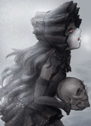 Rule 34 | 10s, 1girl, abyssal ship, black hair, bonnet, colored skin, detached sleeves, gothic lolita, gradient background, highres, isolated island oni, kantai collection, kouba nobu, lolita fashion, long hair, monochrome, red eyes, skull, solo, white skin