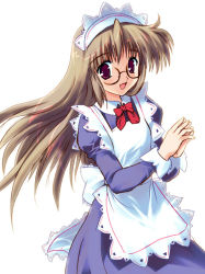 Rule 34 | 1girl, apron, brown hair, glasses, long hair, maid, maid apron, red eyes, simple background, solo