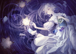 Rule 34 | 1girl, book, cowboy shot, dress, floating hair, flower, hand up, highres, holding, holding book, long hair, original, photo (object), puffy short sleeves, puffy sleeves, purple eyes, short sleeves, small stellated dodecahedron, solo, very long hair, white dress, white flower, yoggi (stretchmen)