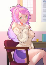 Rule 34 | 1girl, absurdres, blush, breasts, chair, creatures (company), earrings, finger to mouth, flower earrings, game freak, green eyes, highres, indoors, itou kazuki, jewelry, long hair, looking at viewer, medium breasts, miriam (pokemon), multicolored hair, nintendo, off-shoulder sweater, off shoulder, pink hair, pokemon, pokemon sv, purple hair, purple skirt, signature, sitting, skirt, smile, solo, sweater, swept bangs