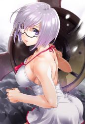 Rule 34 | 1girl, ass, bare arms, bare shoulders, black-framed eyewear, breasts, collarbone, covered erect nipples, dress, fate/grand order, fate (series), from side, glasses, halterneck, highres, holding, holding shield, large breasts, looking at viewer, mash kyrielight, mash kyrielight (swimsuit of perpetual summer), no bra, official alternate costume, one-piece swimsuit, purple eyes, purple hair, semi-rimless eyewear, shield, short dress, short hair, sideboob, solo, swimsuit, teoshiguruma, under-rim eyewear, white one-piece swimsuit