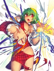 Rule 34 | 1girl, breasts, closed umbrella, dress, exploding clothes, female focus, green hair, groin, highres, kazami yuuka, large breasts, looking at viewer, melon22, no bra, no panties, open mouth, red eyes, shirt, sideboob, solo, torn clothes, torn shirt, torn vest, touhou, umbrella