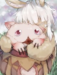 Rule 34 | 1other, androgynous, animal ears, blunt bangs, bob cut, body fur, brown fur, cheek press, claws, closed eyes, colored eyelashes, commentary, covered mouth, creature, facing viewer, furry, grass, highres, hug, in basket, made in abyss, mitty (made in abyss), nanachi (made in abyss), one eye covered, open mouth, outdoors, pink eyes, rabbit ears, ruka (o ruka o), short hair, twitter username, upper body, whiskers, white hair