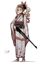 Rule 34 | 1girl, alternate costume, blonde hair, closed mouth, drill hair, explosive, full body, grenade, grenade hair ornament, gun, headphones, highres, holding, holding gun, holding weapon, ikine tomeru, japanese clothes, kappa modoki, kimono, long hair, long sleeves, looking at viewer, no shoes, purple eyes, shinsougumi, side drill, side ponytail, simple background, solo, standing, virtual youtuber, weapon, white background, white kimono, wide sleeves, yukata