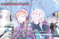 Rule 34 | 2girls, anna (frozen), blush, braid, covering face, elsa (frozen), embarrassed, english text, closed eyes, frozen (disney), interview, meme, microphone, multiple girls, open mouth, parody, shared umbrella, siblings, sisters, smile, snow, special feeling (meme), translated, twin braids, umbrella, white hair, winter clothes, yuri