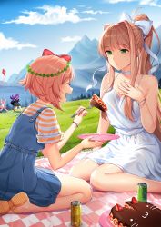 Rule 34 | 4girls, alternate costume, animal print, bare legs, black dress, blanket, blue sky, blush, bow, bracelet, breasts, brown hair, cake, cat print, chocolate, cleavage, closed eyes, cloud, cloudy sky, clover, commentary, day, doki doki literature club, dress, drink, english commentary, field, food, fork, frilled skirt, frills, fruit, full body, green eyes, hair bow, hand on own chest, head wreath, highres, holding, holding fork, holding plate, jewelry, kite, kite flying, long hair, looking at another, medium breasts, monika (doki doki literature club), mountain, mountainous horizon, multiple girls, natsuki (doki doki literature club), open mouth, orange footwear, orange shirt, outdoors, overall skirt, parted lips, picnic, pink hair, pink skirt, plate, ponytail, purple hair, sandals, satchely, sayori (doki doki literature club), shirt, short hair, short sleeves, sitting, skirt, sky, smile, spaghetti strap, strawberry, striped clothes, striped shirt, sweatdrop, thighs, two-tone shirt, wariza, white dress, white shirt, wristband, yokozuwari, yuri (doki doki literature club)
