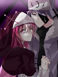 Rule 34 | 1boy, 1girl, commentary request, couple, dress, eyepatch, friday night funkin&#039;, gloves, highres, holding hands, humanization, jacket, long hair, long sleeves, luavril07, nun, one eye closed, pink hair, purple hair, ruvyzvat (friday night funkin&#039;), sarvente (friday night funkin&#039;), smile, tagme