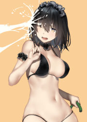 Rule 34 | 1girl, ;d, araido kagiri, arm garter, bikini, black bikini, black hair, bow, bowtie, breasts, brown background, brown eyes, cleavage, commentary request, detached collar, hair between eyes, headdress, highres, holding, large breasts, long hair, looking at viewer, navel, one eye closed, open mouth, original, simple background, smile, solo, stomach, swimsuit, upper body, water