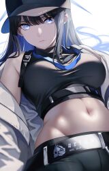 Rule 34 | 1girl, absurdres, baseball cap, belt, black hair, black hat, blue archive, blue eyes, breasts, buckle, chest harness, coat, colored inner hair, commentary request, crop top, harness, hat, highres, large breasts, long hair, lying, midriff, multicolored hair, navel, no mask, on back, saori (blue archive), shirt, sleeveless, sleeveless shirt, snap-fit buckle, solo, stomach, white background, white coat, yuuki shin