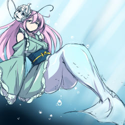 Rule 34 | 1girl, ass, bubble, cosplay, detached sleeves, expressionless, fins, fish tail, frilled kimono, frills, hata no kokoro, japanese clothes, kimono, light rays, long hair, long sleeves, looking at viewer, looking down, mask, mermaid, monster girl, obi, pandain, pink eyes, pink hair, sash, sketch, solo, tail, touhou, underwater, wakasagihime, wakasagihime (cosplay), wide sleeves