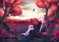 Rule 34 | 1girl, albino, arm up, autumn leaves, barefoot, bug, butterfly, dress, insect, leaf, long hair, lying, on back, original, partially submerged, purple hair, red eyes, shatiko, smile, solo, tree, water, white hair