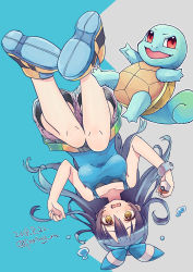 Rule 34 | 1girl, :d, absurdres, alternate color, bad id, bad pixiv id, bike shorts, black shorts, blue bow, blue footwear, blue hair, blue hairband, blue shirt, bow, brown eyes, cosplay, creatures (company), full body, game freak, gen 1 pokemon, hair between eyes, hair bow, hairband, highres, holding, holding poke ball, long hair, looking at viewer, love live!, love live! school idol project, may (pokemon), may (pokemon) (cosplay), miyamae porin, nintendo, open mouth, poke ball, poke ball (basic), pokemon, red eyes, shirt, short shorts, shorts, shorts under shorts, sleeveless, sleeveless shirt, smile, sonoda umi, squirtle, upside-down