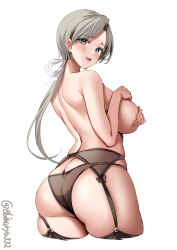 Rule 34 | 1girl, ass, black panties, blush, breasts, butt crack, chitose (kancolle), commentary request, covering privates, covering breasts, cropped legs, ebifurya, from behind, garter belt, garter straps, grey eyes, grey hair, hair ribbon, highres, kantai collection, large breasts, long hair, looking at viewer, looking back, one-hour drawing challenge, open mouth, panties, parted bangs, ponytail, ribbon, shoulder blades, simple background, skindentation, smile, solo, thighhighs, thighs, topless, twitter username, underwear, underwear only, white background, white ribbon