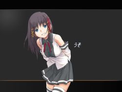 Rule 34 | 1girl, arms behind back, black background, black hair, blue eyes, hair ornament, letterboxed, long hair, looking at viewer, os-tan, smile, solo, striped clothes, striped thighhighs, thighhighs, xp-tan, zettai ryouiki