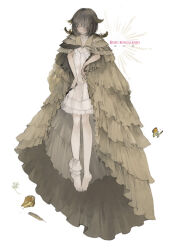Rule 34 | 1girl, ankle garter, barefoot, breasts, brown cloak, brown hair, bug, butterfly, cleavage, cloak, closed eyes, closed mouth, commentary request, dress, feathers, frilled dress, frills, full body, insect, medium hair, nekosuke (oxo), original, short dress, simple background, sleeveless, sleeveless dress, small breasts, solo, standing, white background, white dress