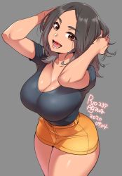 Rule 34 | 1girl, agawa ryou, arms up, artist name, black hair, breasts, brown eyes, cleavage, collarbone, commentary, dated, grey background, holding, holding hair, large breasts, lipstick, long hair, makeup, original, red lips, short shorts, shorts, signature, simple background, skirt, smile, solo, thick thighs, thighs, yellow shorts, yellow skirt