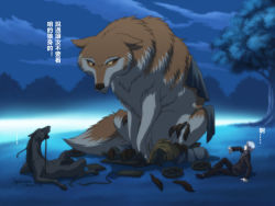 Rule 34 | 1boy, 1girl, animal, chinese text, cloud, craft lawrence, debris, fur, holo, horse, hyhlion, image sample, night, oversized animal, red eyes, spice and wolf, translated, tree, wolf