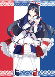 Rule 34 | 1boy, american flag, blue hair, bow, brown eyes, buttons, commentary request, crossdressing, dress, french flag, frilled dress, frills, full body, hair bow, heart, highres, holding, holding stuffed toy, long hair, long sleeves, looking at viewer, male focus, mary janes, nimame (chickbeans), one eye closed, original, shoes, smile, solo, standing, stuffed animal, stuffed toy, teddy bear, trap