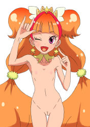 Rule 34 | 1girl, :d, ;d, \m/, amanogawa kirara, armpits, blunt bangs, breasts, cowboy shot, cure twinkle, earrings, flat chest, go! princess precure, highres, ityuy, jewelry, long hair, looking at viewer, navel, nipples, nude, one eye closed, open mouth, orange hair, precure, purple eyes, pussy, simple background, smile, solo, star (symbol), star earrings, uncensored, very long hair, white background, wink