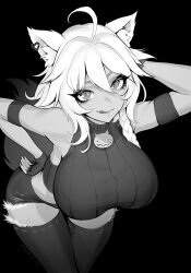 Rule 34 | 1girl, :q, ahoge, animal ear fluff, animal ears, arm behind head, arm strap, artist name, bare shoulders, black background, braid, brassica, breasts, commission, crop top, earrings, fingerless gloves, gloves, greyscale, hair between eyes, hand on back, heart, heart earrings, highres, indie virtual youtuber, jewelry, large breasts, long hair, mokarui (vtuber), monochrome, ribbed sweater, shorts, sleeveless, sleeveless sweater, solo, sweater, tail, thighhighs, tongue, tongue out, virtual youtuber