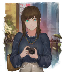 Rule 34 | 1girl, a hat in time, aged up, aqua eyes, bag, blue shirt, brown hair, camera, closed mouth, collarbone, commentary, english commentary, ex-trident, fence, hat kid, holding, holding camera, jewelry, looking at viewer, necklace, plant, ring, ring necklace, shirt, signature, smile, solo, upper body