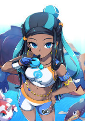 Rule 34 | 1girl, arm up, armlet, arrokuda, bare shoulders, bike shorts, blue eyes, blue gloves, blue hair, breasts, clothes writing, creatures (company), crop top, dark-skinned female, dark skin, dive ball, drednaw, earrings, finger to mouth, forehead, from above, game freak, gen 1 pokemon, gen 8 pokemon, gloves, goldeen, grey background, gym leader, hair bun, hair ornament, hairclip, hand on own hip, highres, hoop earrings, jewelry, kasai shin, looking at viewer, looking up, multicolored hair, navel, necklace, nessa (pokemon), nintendo, partially fingerless gloves, poke ball, pokemon, pokemon (creature), pokemon swsh, simple background, single hair bun, small breasts, stomach, sweatband, two-tone hair