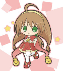 Rule 34 | 1girl, ahoge, arms behind back, blush, boots, brown hair, brown shirt, chibi, closed mouth, commentary request, full body, green eyes, hair between eyes, hair bobbles, hair ornament, hairband, lilka eleniak, long hair, long sleeves, looking at viewer, red footwear, red skirt, ri-net, shirt, skirt, smile, solo, standing, standing on one leg, star (symbol), thighhighs, very long hair, white thighhighs, wild arms, wild arms 2, yellow hairband