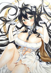 Rule 34 | 1girl, azur lane, bad id, bad pixiv id, between breasts, black hair, blush, breasts, cleavage, detached collar, dress, elbow gloves, flower, gloves, green eyes, hair between eyes, hair flower, hair on horn, hair ornament, highres, horns, indomitable (azur lane), large breasts, long hair, looking at viewer, marker (medium), shin kun30, simple background, skindentation, solo, strap between breasts, traditional media, very long hair, white background, white dress, white flower