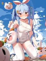 Rule 34 | &gt; &lt;, 2girls, ?, absurdres, ahoge, ama rei, animal ears, bare arms, bare shoulders, beach, blue nails, blue sky, breasts, carrot, carrot hair ornament, closed mouth, cloud, collarbone, commentary, covered navel, day, facial tattoo, food-themed hair ornament, foreshortening, from below, gradient eyes, hair ornament, hair ribbon, highres, holding, hololive, kneeling, long hair, looking at viewer, medium breasts, multicolored eyes, multiple girls, nail polish, pekomon (usada pekora), ocean, off shoulder, one-piece swimsuit, out of frame, outdoors, pink hair, rabbit-shaped pupils, rabbit ears, rabbit tattoo, red eyes, ribbon, sakura miko, school swimsuit, shallow water, short eyebrows, sidelocks, sky, solo focus, speech bubble, spoken question mark, swimsuit, symbol-shaped pupils, tattoo, thick eyebrows, thighhighs, thighs, twintails, usada pekora, virtual youtuber, water, wavy mouth, wet, white one-piece swimsuit, white thighhighs