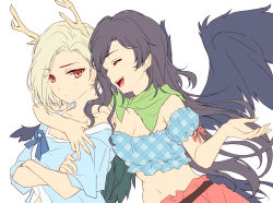 Rule 34 | 2girls, :d, ^ ^, antlers, bandana, bare shoulders, black hair, black wings, blonde hair, blue shirt, blush, breasts, cleavage, closed eyes, commentary request, crop top, crossed arms, dragon horns, eyes visible through hair, feathered wings, flat color, highres, horns, kicchou yachie, kurokoma saki, long hair, looking at viewer, medium breasts, midriff, monety, multiple girls, navel, no headwear, off-shoulder shirt, off shoulder, open mouth, pink skirt, plaid, plaid shirt, puffy short sleeves, puffy sleeves, red eyes, shirt, short hair, short sleeves, simple background, skirt, smile, stomach, touhou, unfinished, unmoving pattern, upper body, white background, wings