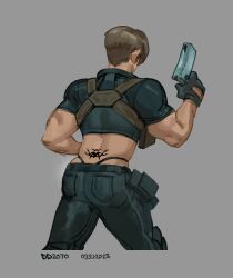 Rule 34 | 1boy, adapted costume, ass, back tattoo, bara, biceps, brown hair, crop top, cropped legs, cropped shirt, denim, facing away, from behind, gun, highres, holding, holding gun, holding weapon, jeans, leather, leon s. kennedy, male focus, muscular, muscular male, panties, pants, panty peek, panty straps, resident evil, seansketches, shirt, short hair, solo, tattoo, thighs, triceps, underwear, weapon