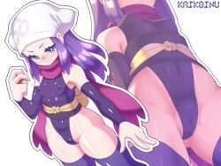 Rule 34 | 1girl, adapted costume, akari (pokemon), ass, black leotard, blush, breasts, cameltoe, character name, cleft of venus, covered navel, creatures (company), curvy, fingernails, game freak, head scarf, highleg, highleg leotard, highres, kaikoinu, leotard, long hair, looking at viewer, multiple views, nintendo, nipples, pokemon, pokemon legends: arceus, revealing clothes, sash, scarf, see-through, shiny clothes, shiny skin, sidelocks, simple background, small breasts, solo, standing, thong leotard, white background, wide hips