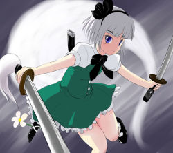 Rule 34 | 1girl, black bow, black bowtie, black ribbon, blue eyes, blunt bangs, bow, bowtie, buttons, dress, dual wielding, female focus, flower, food, fruit, green dress, hair ribbon, hairband, hitodama, holding, holding food, holding fruit, katana, konpaku youmu, konpaku youmu (ghost), looking at viewer, puffy short sleeves, puffy sleeves, ribbon, sechisu, short hair, short sleeves, solo, sword, touhou, unsheathed, weapon, white hair