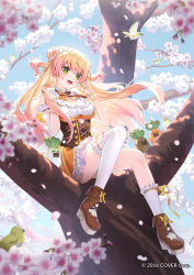 Rule 34 | 1girl, animal, asymmetrical legwear, bare shoulders, bird, blonde hair, boots, bow, bowtie, bracelet, breasts, cherry blossoms, cleavage, cleavage cutout, clothing cutout, copyright name, corset, double bun, dress, fang, flower, frilled dress, frilled skirt, frilled socks, frilled thighhighs, frills, gradient hair, green eyes, hair bun, hair flower, hair ornament, tucking hair, high heels, highres, hololive, in tree, jewelry, large breasts, long hair, momosuzu nene, multicolored hair, nekko (momosuzu nene), official art, open mouth, orange bow, orange bowtie, orange skirt, pink hair, pleated skirt, rosuuri, single thighhigh, sitting, sitting in tree, skirt, sky, sleeveless, smile, socks, thighhighs, tree, two side up, virtual youtuber, white socks, white thighhighs