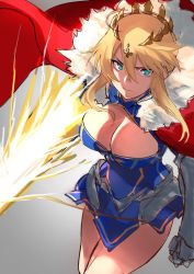 Rule 34 | 1girl, armor, artoria pendragon (fate), artoria pendragon (lancer) (fate), blue dress, blue gloves, braid, breasts, cape, cleavage, closed mouth, commentary request, crown, dress, fate/grand order, fate (series), french braid, fur-trimmed cape, fur trim, gauntlets, gloves, glowing, glowing weapon, green eyes, hair between eyes, highres, hotate-chan, lance, large breasts, legs, polearm, red cape, rhongomyniad (fate), sidelocks, sketch, solo, unfinished, weapon