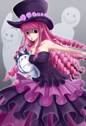 Rule 34 | 1girl, bare shoulders, bear, bell line gown, breasts, curly hair, devil fruit, dress, drill hair, female focus, flower, ghost, gradient background, hat, horo horo no mi, kumacy, long hair, mask, mouth mask, one piece, perona, pink hair, rose, sabaody archipelago, solo, standing, stuffed animal, stuffed toy, surgical mask, teddy bear, tokiwa (mukoku), top hat, very long hair
