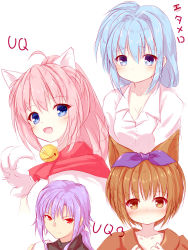Rule 34 | 4girls, :d, animal ears, animal hands, bell, blue eyes, blue hair, blush, breasts, brown eyes, brown hair, brown shirt, cat ears, character request, cleavage, closed mouth, collarbone, collared shirt, commentary request, dress shirt, eternal melody, fang, gloves, hair between eyes, hair intakes, hair ribbon, high ponytail, highres, jingle bell, long hair, low ponytail, medium breasts, melody sinclair, multiple girls, nose blush, open mouth, paw gloves, pink hair, ponytail, purple hair, purple ribbon, red eyes, ribbon, sarasa (yuukyuu gensoukyoku), shirt, short hair, sidelocks, simple background, smile, translation request, wendy miseria, white background, white gloves, white shirt, yuku (kiollion), yuukyuu gensoukyoku