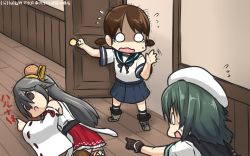 Rule 34 | 3girls, black hair, brown hair, cape, commentary request, dated, detached sleeves, door, dying message, empty eyes, flying sweatdrops, gloves, green hair, hair between eyes, hamu koutarou, haruna (kancolle), hat, head bump, headgear, highres, kantai collection, kiso (kancolle), long hair, low twintails, multiple girls, pleated skirt, pointing, sailor hat, school uniform, serafuku, shaking head, shirayuki (kancolle), short twintails, skirt, solid oval eyes, sweat, tearing up, trembling, twintails