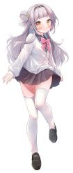 Rule 34 | 1girl, absurdres, brown skirt, closed mouth, collared shirt, full body, gau (n00 shi), grey shirt, highres, hololive, loafers, looking at viewer, murasaki shion, purple hair, school uniform, shirt, shoes, short hair, skirt, smile, solo, sweater, thighhighs, virtual youtuber, white background, white sweater, white thighhighs, yellow eyes