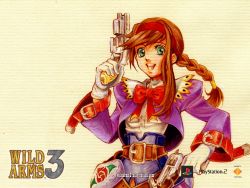 Rule 34 | 1girl, belt, bow, braid, brown hair, copyright name, dual wielding, green eyes, gun, hairband, holding, juliet sleeves, logo, long hair, long sleeves, official art, official wallpaper, ooba wakako, puffy sleeves, red hairband, ribbon, sidelocks, single braid, smile, solo, virginia maxwell, wallpaper, weapon, wild arms, wild arms 3, yellow background