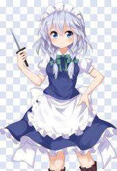 Rule 34 | 1girl, apron, blue background, blue dress, blue eyes, boots, bow, braid, breasts, brown footwear, checkered background, commentary request, dagger, dress, feet out of frame, frilled apron, frills, green bow, green ribbon, hair between eyes, hair bow, hand on own hip, highres, holding, holding dagger, holding knife, holding weapon, izayoi sakuya, knife, maid apron, maid headdress, medium breasts, neck ribbon, petticoat, puffy short sleeves, puffy sleeves, ribbon, ruu (tksymkw), short hair, short sleeves, silver hair, solo, standing, thighs, touhou, twin braids, weapon, white background