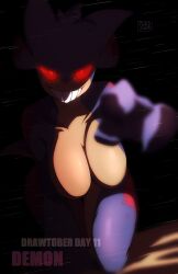 Rule 34 | 1girl, arm up, artist name, between legs, black background, breasts, collarbone, colored sclera, colored skin, completely nude, creatures (company), dark, dated, english text, eye trail, female focus, game freak, gen 1 pokemon, gengar, glowing, glowing eyes, grin, half-closed eyes, hand between legs, hanging breasts, happy, highres, inktober, large breasts, leaning forward, light trail, looking at viewer, multicolored skin, nintendo, no nipples, nude, outstretched arm, peach-cup, personification, pokemon, pokemon (creature), purple hair, purple skin, reaching, reaching towards viewer, red eyes, red sclera, short hair, signature, simple background, smile, solo, teeth, thick thighs, thighs, two-tone skin, wide hips, yellow skin