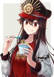Rule 34 | 1girl, :q, black hair, black hat, blush, buster shirt, buttons, collarbone, commentary request, fate/grand order, fate (series), food, hair between eyes, hat, highres, holding, holding food, holding spoon, jacket, letterman jacket, long hair, long sleeves, military hat, multicolored clothes, multicolored jacket, oda nobunaga (fate), oda nobunaga (swimsuit berserker) (fate), open clothes, open jacket, red eyes, red jacket, red shirt, shirt, solo, spoon, teramoto kei, tongue, tongue out, twitter username, two-tone jacket, white jacket