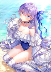 Rule 34 | 1girl, bare shoulders, blue bow, blue choker, blue eyes, blue one-piece swimsuit, blush, bow, breasts, choker, closed mouth, collarbone, commentary request, day, fate/grand order, fate (series), hair between eyes, hair bow, hand up, higeneko, long hair, long sleeves, looking at viewer, medium breasts, meltryllis, meltryllis (fate), meltryllis (swimsuit lancer) (fate), meltryllis (swimsuit lancer) (second ascension) (fate), one-piece swimsuit, outdoors, puffy long sleeves, puffy sleeves, purple hair, revision, shallow water, sitting, sleeves past fingers, sleeves past wrists, solo, strapless, strapless one-piece swimsuit, swimsuit, very long hair, water, wet, yokozuwari