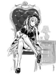 Rule 34 | 1girl, arm support, black footwear, breasts, chair, chika (keiin), crossed legs, dress, girls&#039; frontline, girls&#039; frontline neural cloud, greyscale, hair ornament, highres, lamp, long hair, looking at viewer, mdr (girls&#039; frontline), medium breasts, monochrome, multicolored clothes, multicolored hair, nightstand, on chair, sitting, thighhighs, white background