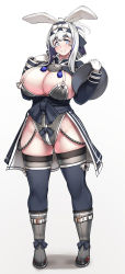 Rule 34 | 1girl, adapted costume, animal ears, blue eyes, blush, boots, bow, bowtie, breasts, chain, cleavage, commentary request, curvy, fake animal ears, folded ponytail, full body, gloves, groin, hair between eyes, headband, highleg, highleg leotard, highres, holding, holding tray, huge breasts, kamoi (kancolle), kantai collection, konoshige (ryuun), leotard, long sleeves, looking at viewer, playboy bunny, rabbit ears, short hair, sidelocks, simple background, skindentation, smile, solo, standing, sweatdrop, thick thighs, thighhighs, thighs, tray, white background, white gloves, white hair, wide hips