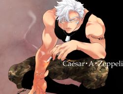 Rule 34 | 1boy, battle tendency, caesar anthonio zeppeli, camouflage, camouflage pants, character name, cigarette, dog tags, holding, holding cigarette, jojo no kimyou na bouken, male focus, pants, s gentian, solo, squatting, tank top, white hair, yellow eyes