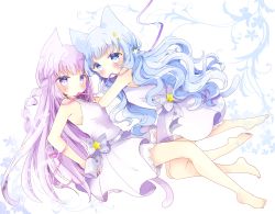 Rule 34 | 2girls, animal ears, bad id, bad pixiv id, bare arms, barefoot, blue eyes, blue hair, blush, bow, braid, breasts, cat ears, cat girl, cat tail, commentary request, dress, from side, grey bow, grey dress, highres, kneeling, lace, lace-trimmed dress, lace trim, long hair, looking at viewer, looking to the side, mouth hold, multiple girls, original, pink ribbon, print bow, purple eyes, purple hair, purple ribbon, reclining, ribbon, ribbon in mouth, sleeveless, sleeveless dress, small breasts, star (symbol), star print, tail, tareme, tsukiyo (skymint), very long hair, white background